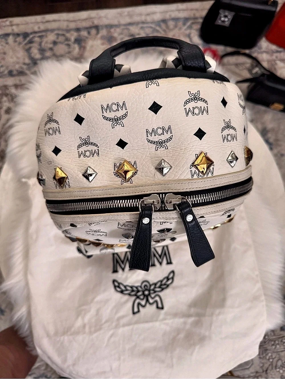 MCM Stark Side Studs Backpack in White & Black